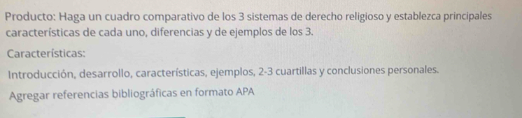 Producto: Haga un cuadro comparativo de los 3 sistemas de derecho religioso y establezca principales 
características de cada uno, diferencias y de ejemplos de los 3. 
Características: 
Introducción, desarrollo, características, ejemplos, 2-3 cuartillas y conclusiones personales. 
Agregar referencias bibliográficas en formato APA