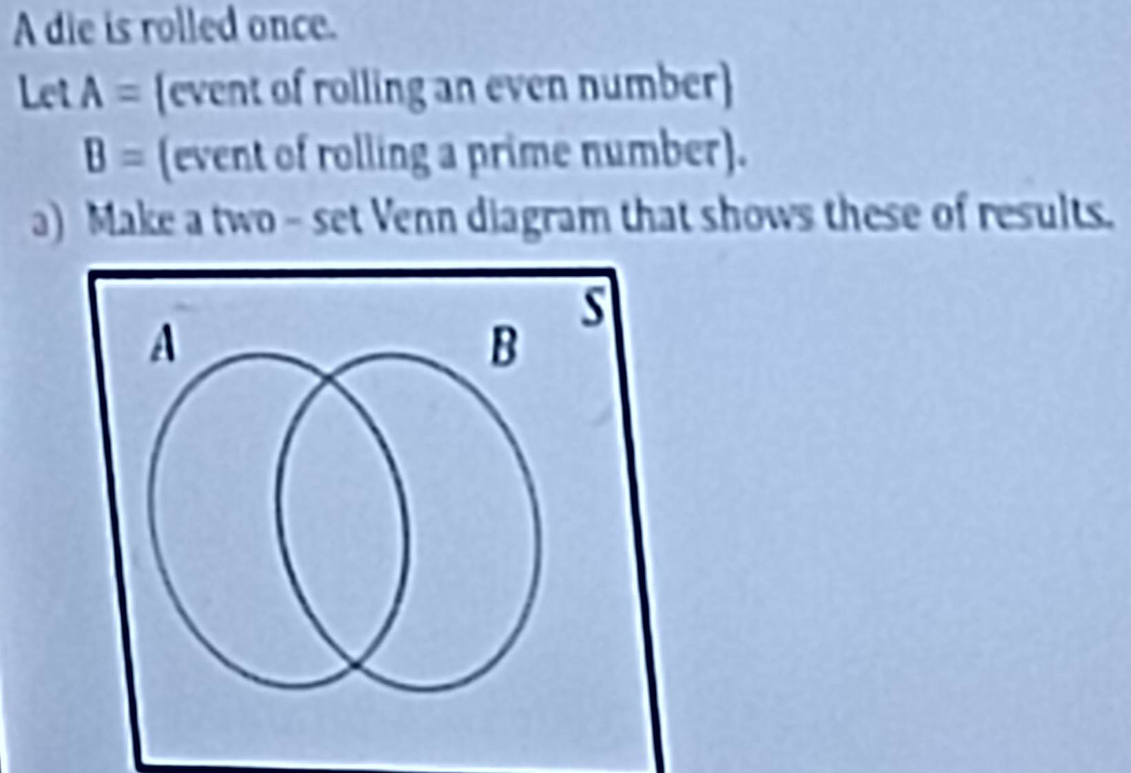 A die is rolled once. 
Let A= event of rolling an even number
B= (event of rolling a prime number). 
a) Make a two - set Venn diagram that shows these of results.