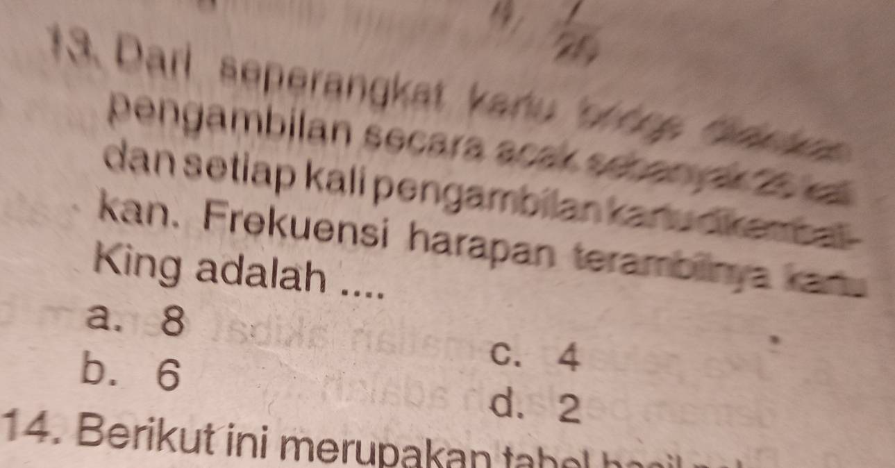 Darl seperangkat kanu shéng 'inhe
pengambilan secara acal séran d 
dan setiap kali pengambilan karu dkent a 
kan. Frekuensi harapan terambinya kan 
King adalah ....
a. 8
b. 6
C. 4
d. 2
14. Berikut ini merupakan tabol ha