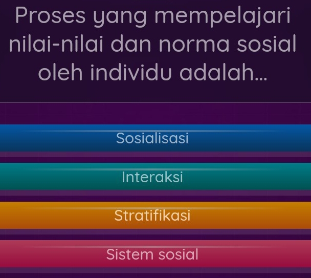 Proses yang mempelajari
nilai-nilai dan norma sosial
oleh individu adalah...
Sosialisasi
Interaksi
Stratifikasi
Sistem sosial