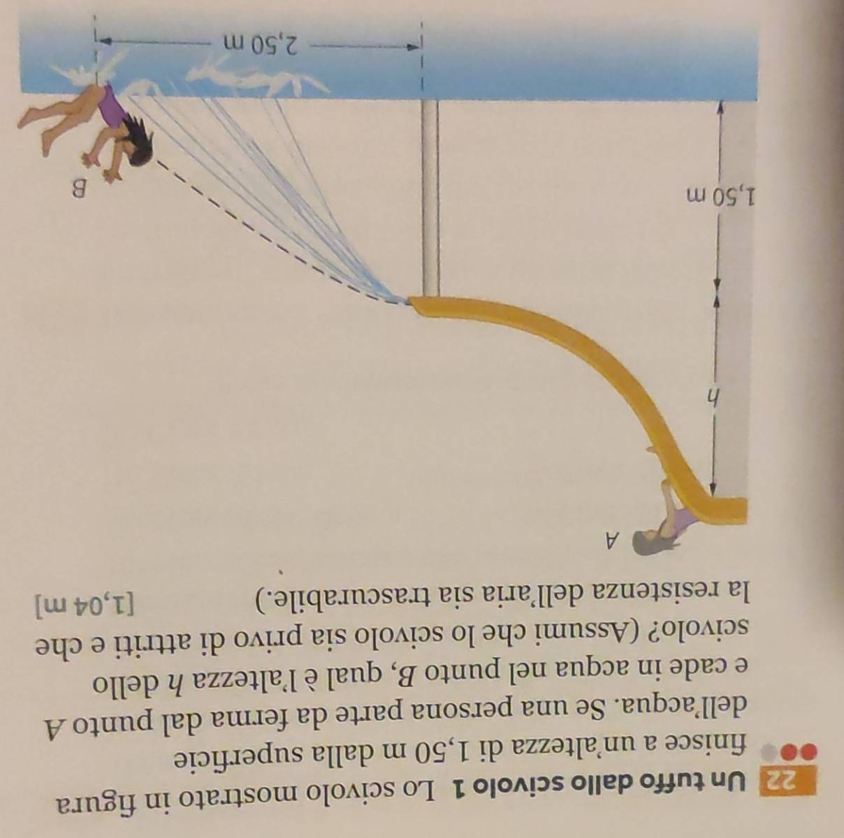 Un tuffo dallo scivolo 1 Lo scivolo mostrato in figura 
finisce a un’altezza di 1,50 m dalla superficie 
dell’acqua. Se una persona parte da ferma dal punto A 
e cade in acqua nel punto B, qual è l’altezza h dello 
scivolo? (Assumi che lo scivolo sia privo di attriti e che 
la resistenza dell’aria sia trascurabile.) [1,04 m ]