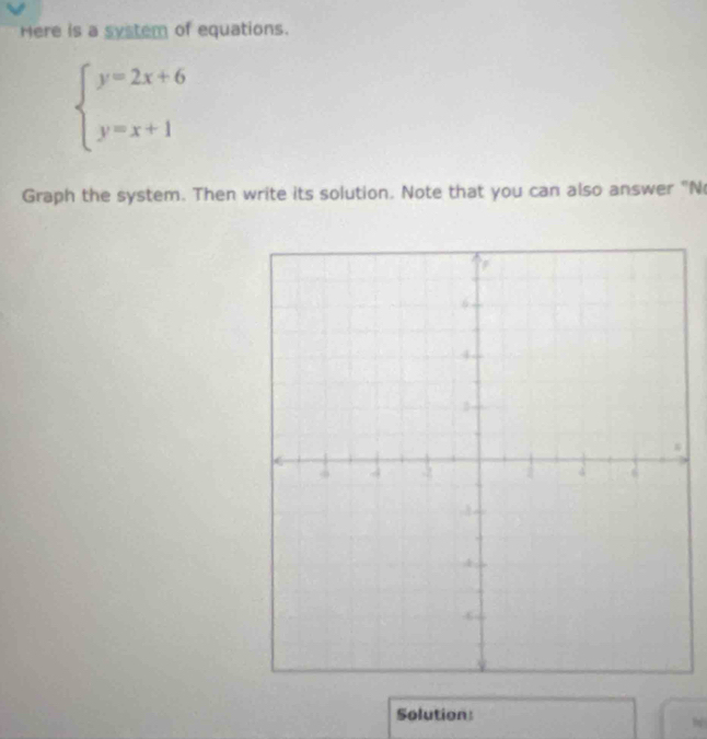 Here is a system of equations.
beginarrayl y=2x+6 y=x+1endarray.
Graph the system. Then write its solution. Note that you can also answer "N 
Solution: