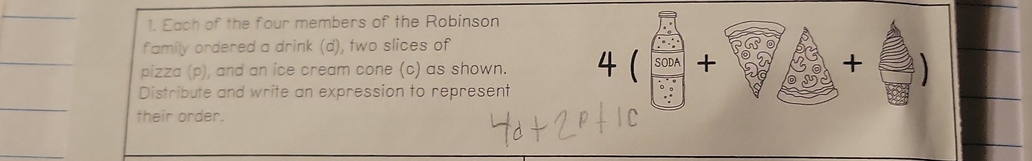 Each of the four members of the Robinson 
family ordered a drink (d), two slices of 
pizza (p), and an ice cream cone (c) as shown. 
4  SODA + + 
Distribute and write an expression to represent 
their order.