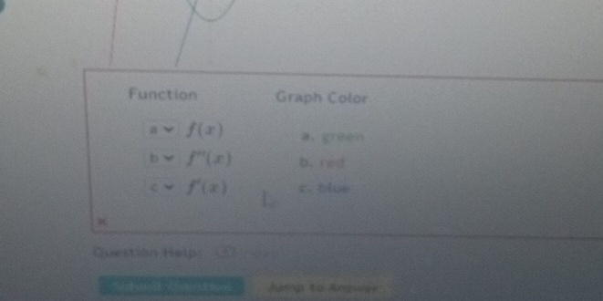 Function Graph Color
f(x) a，green
b f''(x) b. red
f'(x) c. blue
Question Help
Jump to Anpwer