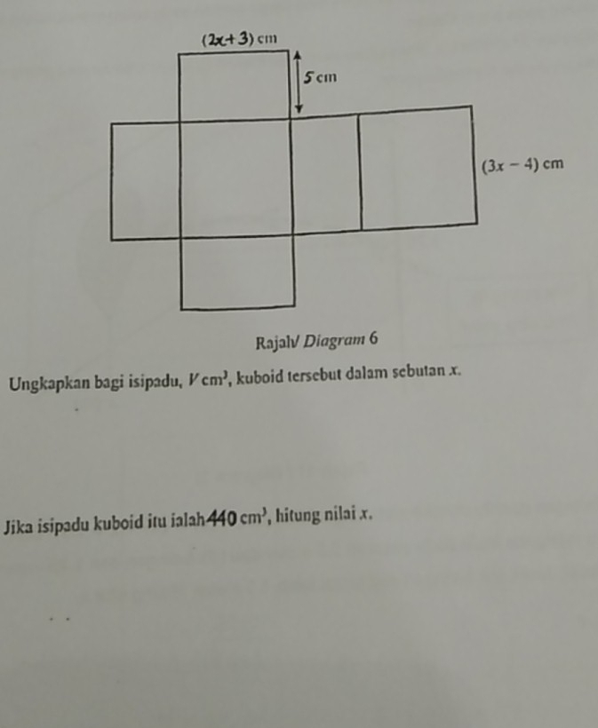 Ungkapkan bagi isipadu, Vcm^3 , kuboid tersebut dalam sebutan x.
Jika isipadu kuboid itu ialah 440cm^3 , hitung nilai x.