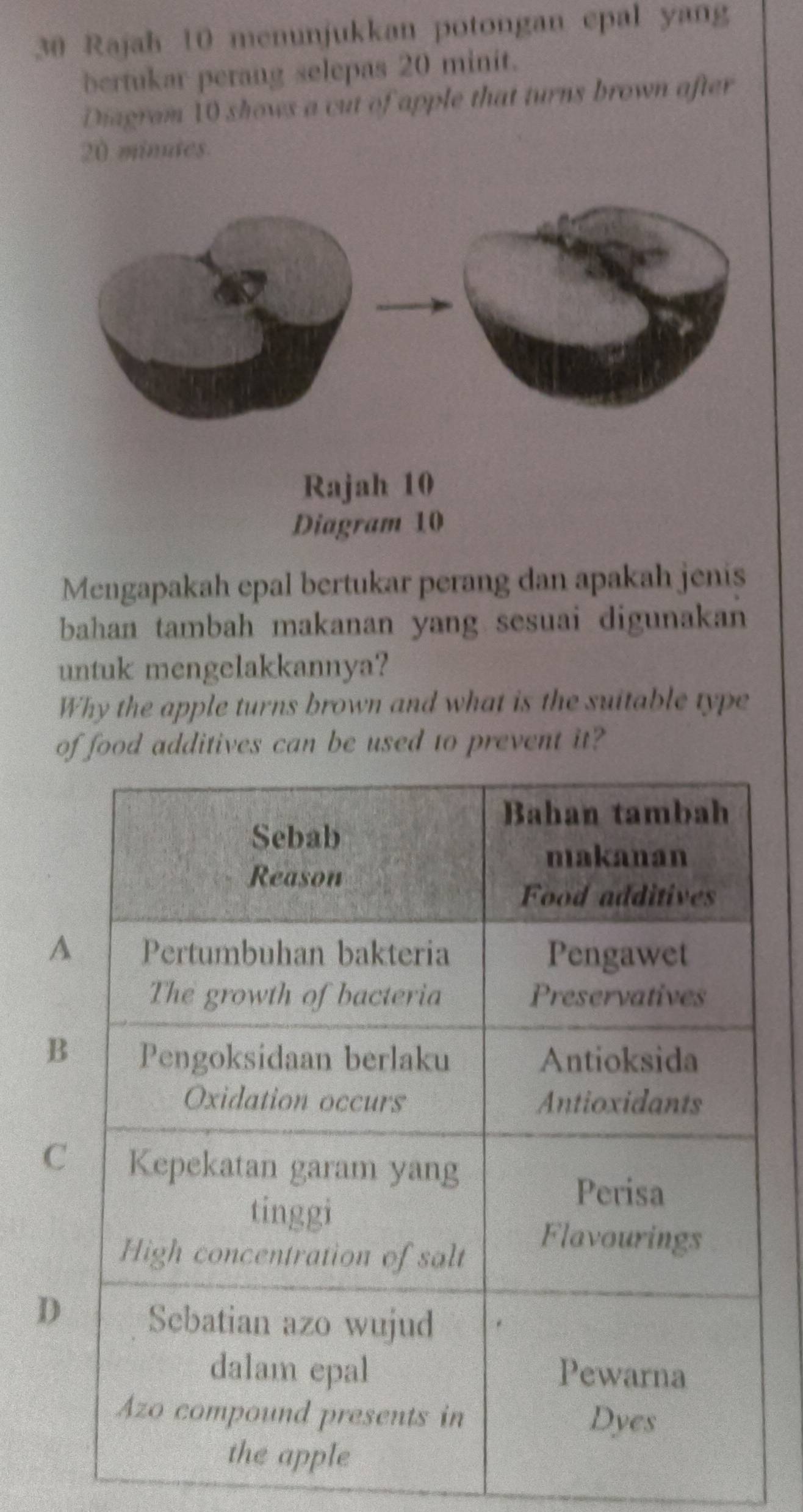 Rajah 10 menunjukkan potongan epal yang
bertukar perang selepas 20 minit.
Diagram 10 shows a cut of apple that turns brown after
20 minutes
Mengapakah epal bertukar perang dan apakah jenis
bahan tambah makanan yang sesuai digunakan
untuk mengelakkannya?
Why the apple turns brown and what is the suitable type
of food additives can be used to prevent it?
A
B
C
D