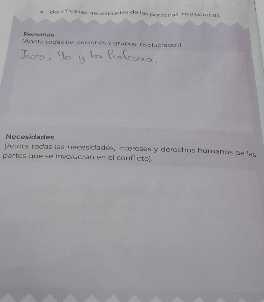 Identifica las necesidades de las personas involucradas 
Personas 
(Anota todas las personas y grupos involucrados). 
Necesidades 
(Anota todas las necesidades, intereses y derechos humanos de las 
partes que se involucran en el conflicto).