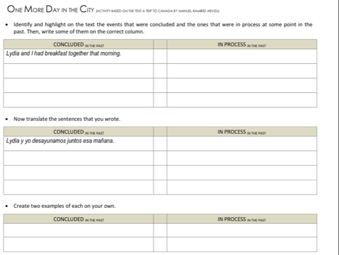 One More Day in the City jactivity based on the text a trip to canada by manuel ramrez arvizu 
Identify and highlight on the text the events that were concluded and the ones that were in process at some point in the 
past. Then, write some of them on the correct column. 
Now translate the sentences that you wrote. 
Create two examples of each on your own.