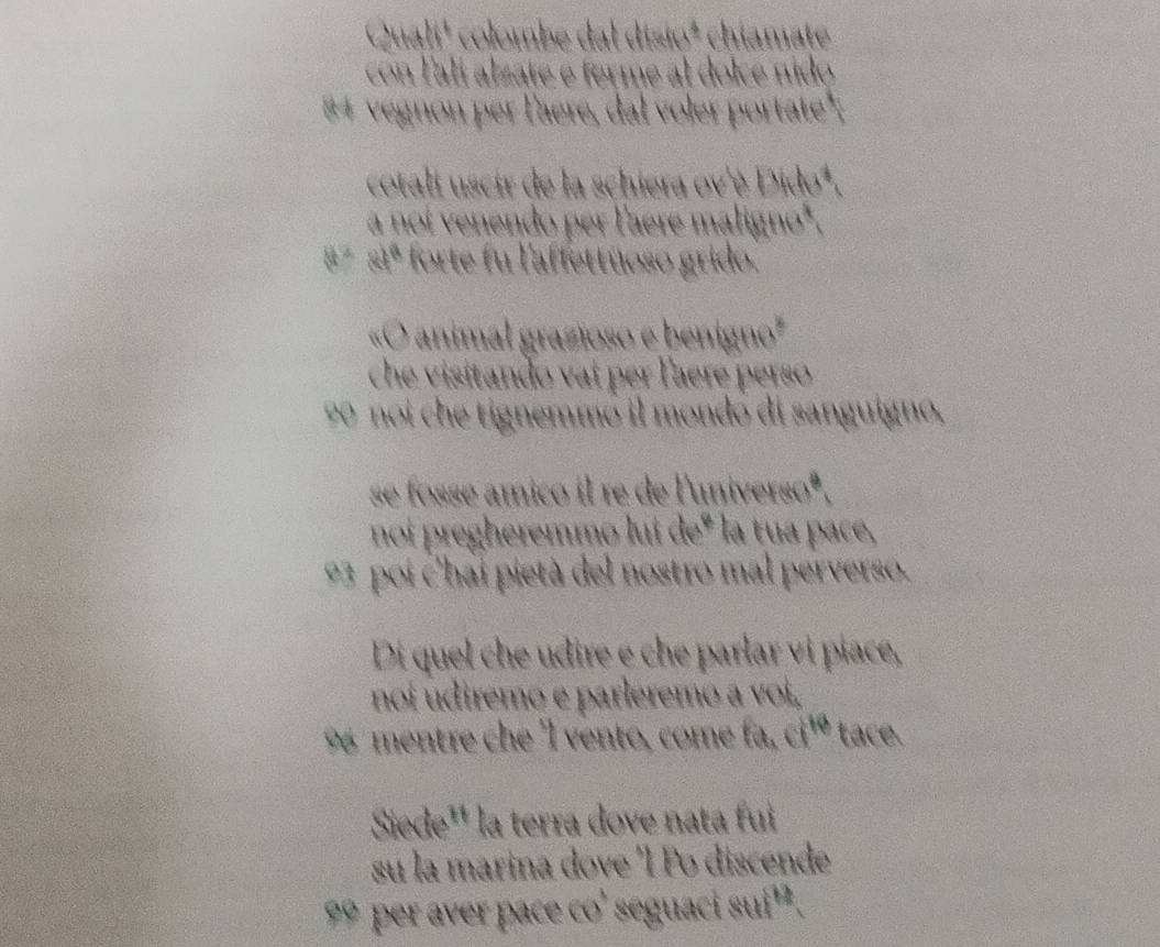 Quali¹ colombe dal disio² chiamate 
con l'alí alzate e ferme al dolce nido
84 vegnon per l'âere, dal voler portate": 
cotali uscir de la schiera ov'è Dido¹ 
a noí venendo per l'aere maligno". 
4 ª 21º forte fu l'affettüoso grido. 
«O animal grazioso e benigno' 
che visitando vaí per l'aere perso
90 noi che tignemmó il mondo di sanguigno, 
se fosse amico il re de l'universoº, 
noi pregheremmo luí de" la tua pace,
93 poi c'hai pietà del nostro mal perverso. 
Di quel che udire e che parlar vi piace, 
noi udiremo e parleremo a voi, 
9 mentre che l vento, come fa, a^(10) tace. 
Siede'' la terra dove nata fui 
su la marina dove 'l Po discende
99 per aver pace co' seguaci s