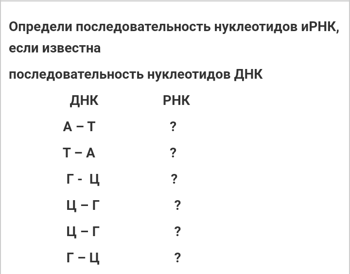 Οлредели πоследовательность нуклеотидов иРНК, 
если Известна 
последовательность нуклеотидов ДΗΚ 
AHK PHK
A - T ?
T-A
?
r-4
?
u-r
?
u-r
?
r-4
?