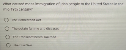 What caused mass immigration of Irish people to the United States in the
mid-19th century?
The Homestead Act
The potato famine and diseases
The Transcontinental Railroad
The Civil War