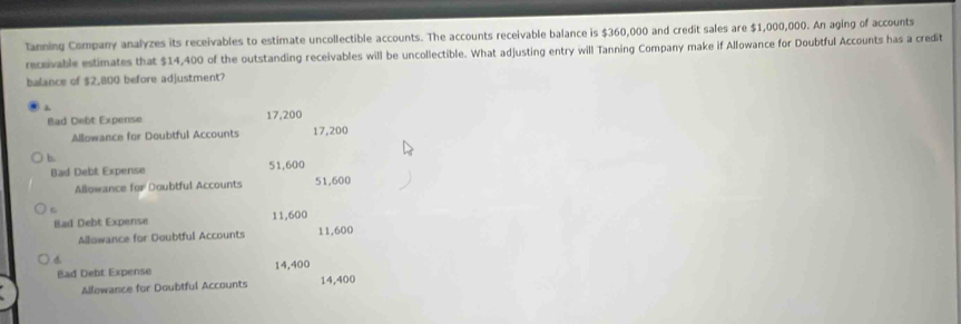 Tanning Company analyzes its receivables to estimate uncollectible accounts. The accounts receivable balance is $360,000 and credit sales are $1,000,000. An aging of accounts
receivable estimates that $14,400 of the outstanding receivables will be uncollectible. What adjusting entry will Tanning Company make if Allowance for Doubtful Accounts has a credit
balance of $2,800 before adjustment?
Bad Debt Expense 17,200
Allowance for Doubtful Accounts 17,200
b.
Bad Debt Expense 51,600
Allowance for Doubtful Accounts 51,600
Bad Debt Expense 11,600
Allowance for Doubtful Accounts 11,600
Bad Debt Expense 14,400
Allowance for Doubtful Accounts 14,400