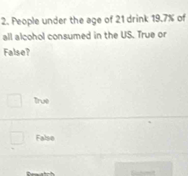 People under the age of 21 drink 19.7% of
all alcohol consumed in the US. True or
False?
True
Falso