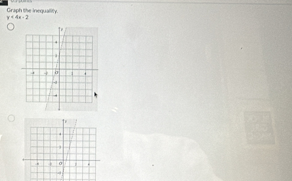 Graph the inequality.
y<4x-2</tex> 
.