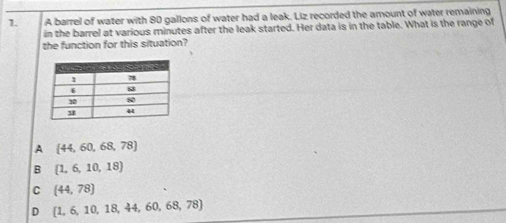 A barrel of water with 80 gallons of water had a leak. Liz recorded the amount of water remaining
in the barrel at various minutes after the leak started. Her data is in the table. What is the range of
the function for this situation?
A  44,60,68,78
B  1,6,10,18
C (44,78)
D  1,6,10,18,44,60,68,78