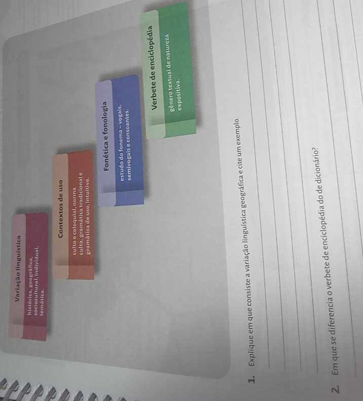 Variação linguística 
histórica, geográfica, 
sociocultural, individual. 
temática. 
Contextos de uso 
culto e coloquial, norma 
culta, gramática tradicional e 
gramática de uso, intuitiva. 
Fonética e fonologia 
estudo do fonema - vogais, 
semivogais e consoantes. 
Verbete de enciclopédia 
gênero textual de natureza 
expositiva. 
_ 
1. Explique em que consiste a variação linguística geográfica e cite um exemplo. 
_ 
_ 
_ 
2. Em que se diferencia o verbete de enciclopédia do de dicionário? 
_