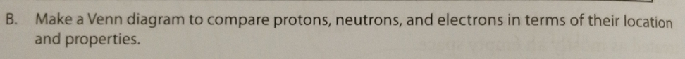 Make a Venn diagram to compare protons, neutrons, and electrons in terms of their location 
and properties.