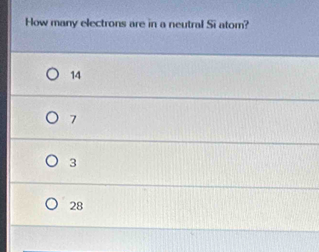 How many electrons are in a neutral Si atom?
14
7
3
28