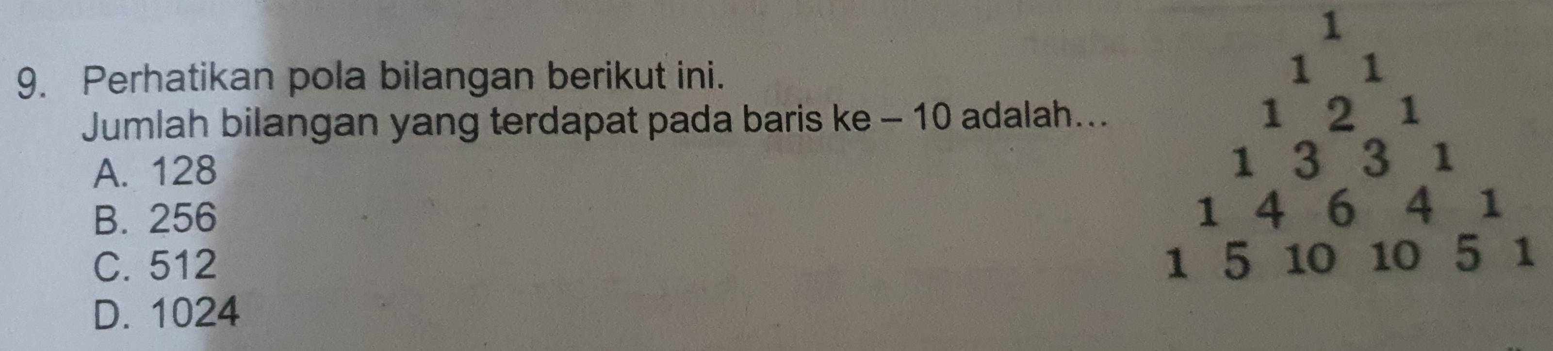 1
9. Perhatikan pola bilangan berikut ini.
1 1
1
Jumlah bilangan yang terdapat pada baris ke - 10 adalah... 2 1
A. 128
1 3 3 1
1 4 6
B. 256 4 1
C. 512 15 10 10 5 1
D. 1024