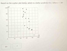 Based on the scatter plot below, which is a better prefiction for y when x-20
100
"
0
i
8
。 40
89 7