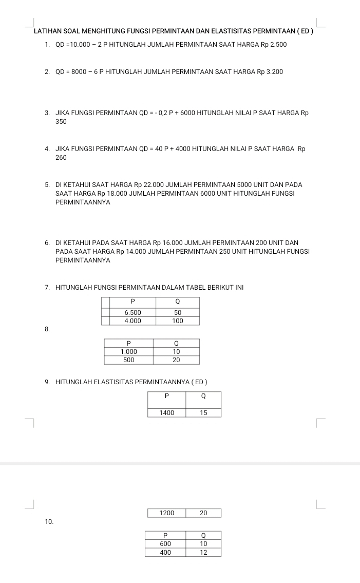 LATIHAN SOAL MENGHITUNG FUNGSI PERMINTAAN DAN ELASTISITAS PERMINTAAN ( ED ) 
1. QD=10.000-2 P HITUNGLAH JUMLAH PERMINTAAN SAAT HARGA Rp 2.500
2. QD=8000-6 P HITUNGLAH JUMLAH PERMINTAAN SAAT HARGA Rp 3.200
3. JIKA FUNGSI PERMINTAAN QD=-0,2P+6000 HITUNGLAH NILAI P SAAT HARGA RP
350
4. JIKA FUNGSI PERMINTAAN QD=40P+4000 HITUNGLAH NILAI P SAAT HARGA Rp
260
5. DI KETAHUI SAAT HARGA Rp 22.000 JUMLAH PERMINTAAN 5000 UNIT DAN PADA 
SAAT HARGA Rp 18.000 JUMLAH PERMINTAAN 6000 UNIT HITUNGLAH FUNGSI 
PERMINTAANNYA 
6. DI KETAHUI PADA SAAT HARGA Rp 16.000 JUMLAH PERMINTAAN 200 UNIT DAN 
PADA SAAT HARGA Rp 14.000 JUMLAH PERMINTAAN 250 UNIT HITUNGLAH FUNGSI 
PERMINTAANNYA 
7. HITUNGLAH FUNGSI PERMINTAAN DALAM TABEL BERIKUT INI 
8. 
9. HITUNGLAH ELASTISITAS PERMINTAANNYA ( ED ) 
10.