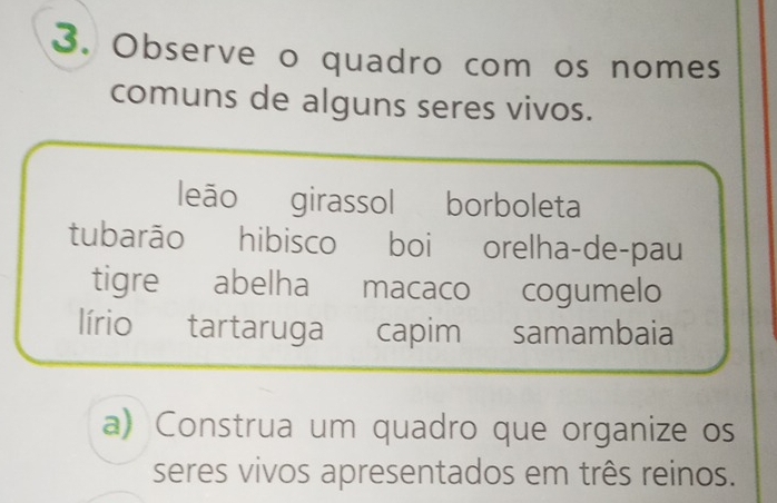 Observe o quadro com os nomes 
comuns de alguns seres vivos. 
leão girassol borboleta 
tubarão hibisco boi orelha-de-pau 
tigre abelha macaco cogumelo 
lírio tartaruga capim samambaia 
a) Construa um quadro que organize os 
seres vivos apresentados em três reinos.