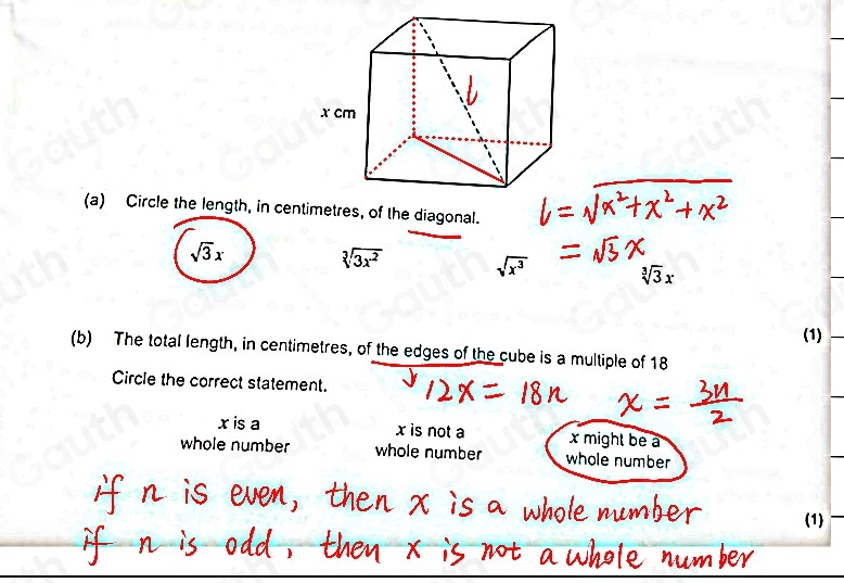 Solved: Here is a cube with edge length x cm One diagonal is shown. (a ...