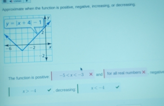 Listen
Approximate when the function is positive, negative, increasing, or decreasing.
The function is positive: -5 * and for all real numbers X , negative
x>-4 , decreasing: x