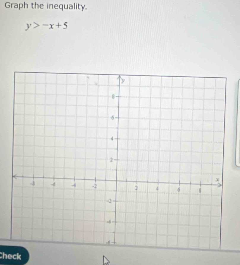 Graph the inequality.
y>-x+5
Check