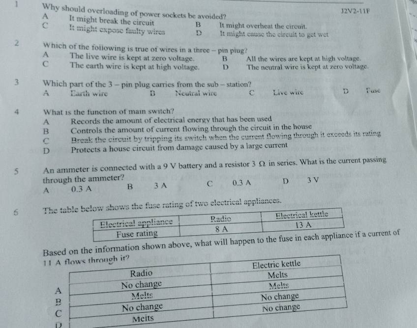 J2V2-11F
1 Why should overloading of power sockets be avoided?
A It might break the circuit B It might overheat the circuit.
C It might expose faulty wires D It might cause the circuit to get wet
2 Which of the following is true of wires in a three - pin piug?
A The live wire is kept at zero voltage. B All the wires are kept at high voltage.
C The earth wire is kept at high voltage. D The neutral wire is kept at zero voltage.
3 Which part of the 3 - pin plug carries from the sub - station?
A Earth wire B Neutral wire C Live wire D Fuse
4 What is the function of main switch?
A Records the amount of electrical energy that has been used
B Controls the amount of current flowing through the circuit in the house
C Break the circuit by tripping its switch when the current flowing through it exceeds its rating
D Protects a house circuit from damage caused by a large current
5 An ammeter is connected with a 9 V battery and a resistor 3 Ω in series. What is the current passing
through the ammeter?
A 0.3 A B 3 A C 0.3 A D 3 V
6 The taating of two electrical appliances.
on the information shown above, what wil current of
D