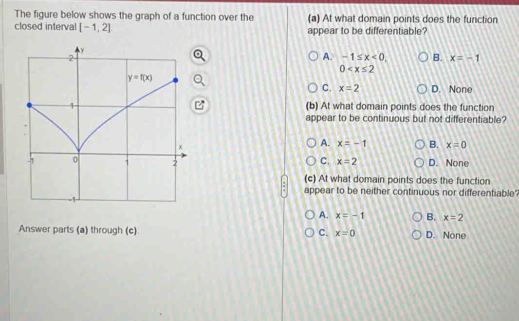 The figure below shows the graph of a function over the (a) At what domain points does the function
closed interval [-1,2]. appear to be differentiable?
A. -1≤ x<0, B. x=-1
0
C. x=2 D. None
(b) At what domain points does the function
appear to be continuous but not differentiable?
A. x=-1 B. x=0
C. x=2 D. None
(c) At what domain points does the function
appear to be neither continuous nor differentiable?
A. x=-1 B. x=2
Answer parts (a) through (c) C. x=0 D. None