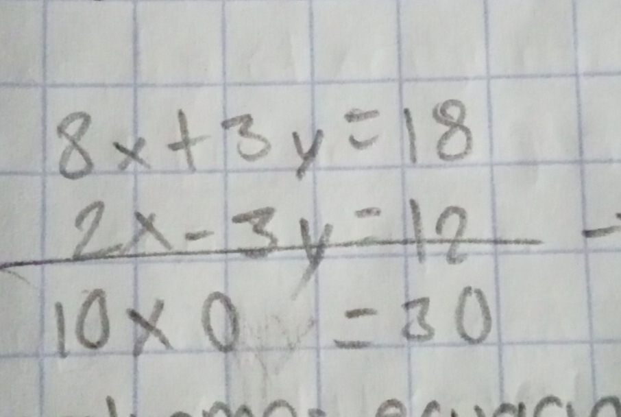 frac beginarrayr 8x+3y=18 2x-3y-12 10x0=30endarray -