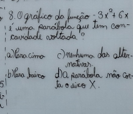 Oqralice do Pangio -3x^2+6x
Iuma panabela gue tim con-
canidade noltada?
alana cima c)nanluma das alter.
nativas.
b)lana Jaice da panabela mào con
1
faooine X.