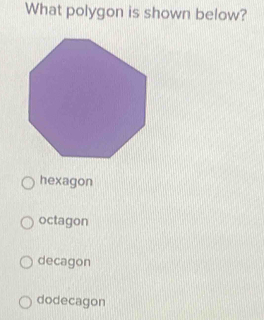 What polygon is shown below?
hexagon
octagon
decagon
dodecagon