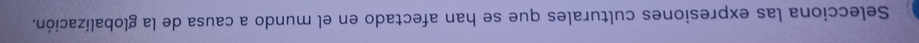 Selecciona las expresiones culturales que se han afectado en el mundo a causa de la globalización.