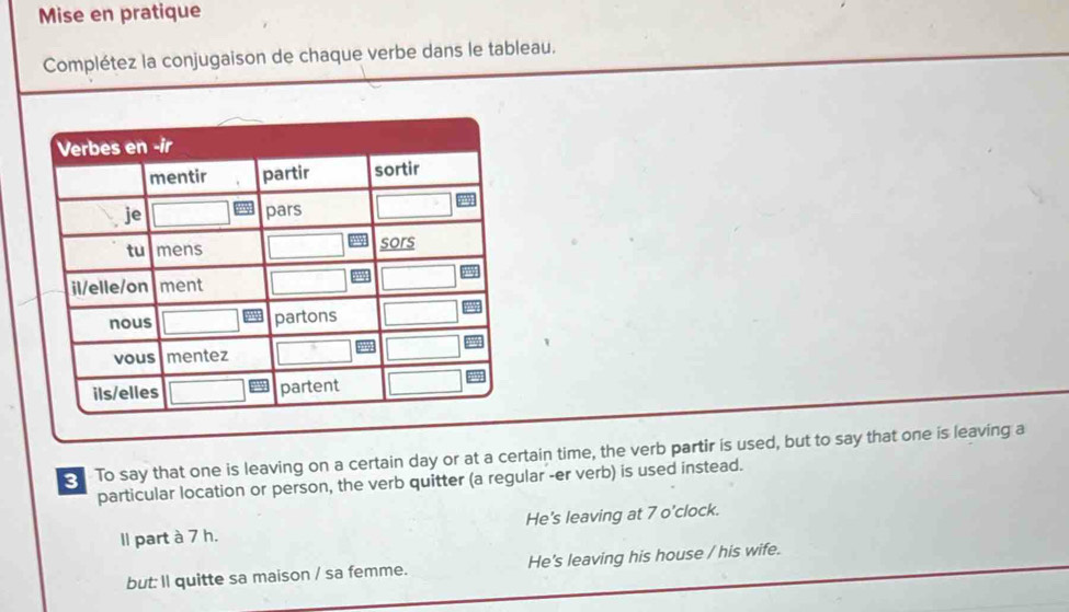 Mise en pratique
Complétez la conjugaison de chaque verbe dans le tableau.
To say that one is leaving on a certain day or at a certain time, the verb partir is used, but to say that one is leaving a
particular location or person, the verb quitter (a regular -er verb) is used instead.
Il part à 7 h. He's leaving at 7 o'clock.
but: ll quitte sa maison / sa femme. He's leaving his house / his wife.