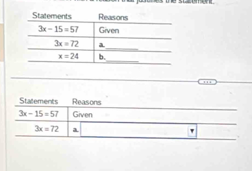 Statements Reasons
3x-15=57 Given
3x=72 a.
v