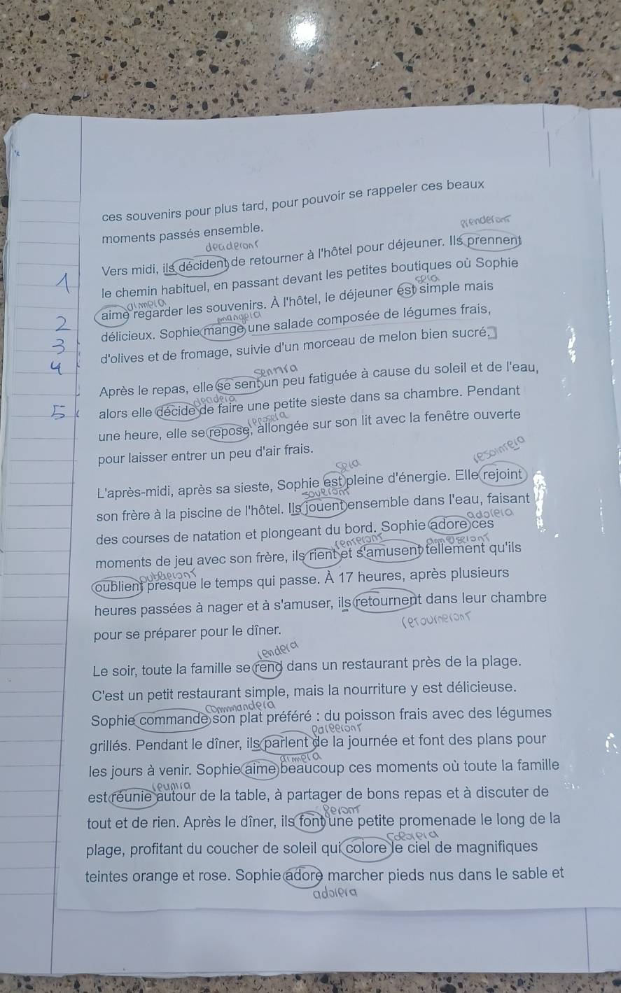 ces souvenirs pour plus tard, pour pouvoir se rappeler ces beaux
moments passés ensemble.
deaderons prenderom
Vers midi, ils décident de retourner à l'hôtel pour déjeuner. Ils prennent
le chemin habituel, en passant devant les petites boutiques où Sophie
aime regarder les souvenirs. À l'hôtel, le déjeuner est simple mais
         
délicieux. Sophie mange une salade composée de légumes frais,
d'olives et de fromage, suivie d'un morceau de melon bien sucré
Après le repas, elle se sent un peu fatiguée à cause du soleil et de l'eau,
alors elle décide de faire une petite sieste dans sa chambre. Pendant
une heure, elle se repose, allongée sur son lit avec la fenêtre ouverte
pour laisser entrer un peu d'air frais.
L'après-midi, après sa sieste, Sophie est pleine d'énergie. Elle rejoint
son frère à la piscine de l'hôtel. Ils jouent ensemble dans l'eau, faisant
des courses de natation et plongeant du bord. Sophie adore ces
roner
moments de jeu avec son frère, ils rient et s'amusent tellement qu'ils
oublient presque le temps qui passe. À 17 heures, après plusieurs
heures passées à nager et à s'amuser, ils retournent dans leur chambre
pour se préparer pour le dîner.
Le soir, toute la famille se rend dans un restaurant près de la plage.
C'est un petit restaurant simple, mais la nourriture y est délicieuse.
Sophie commande son plat préféré : du poisson frais avec des légumes
grillés. Pendant le dîner, ils parlent de la journée et font des plans pour
les jours à venir. Sophie aime beaucoup ces moments où toute la famille
est réunie autour de la table, à partager de bons repas et à discuter de
tout et de rien. Après le dîner, ils font une petite promenade le long de la
plage, profitant du coucher de soleil qui colore le ciel de magnifiques
teintes orange et rose. Sophie adore marcher pieds nus dans le sable et
adolerg