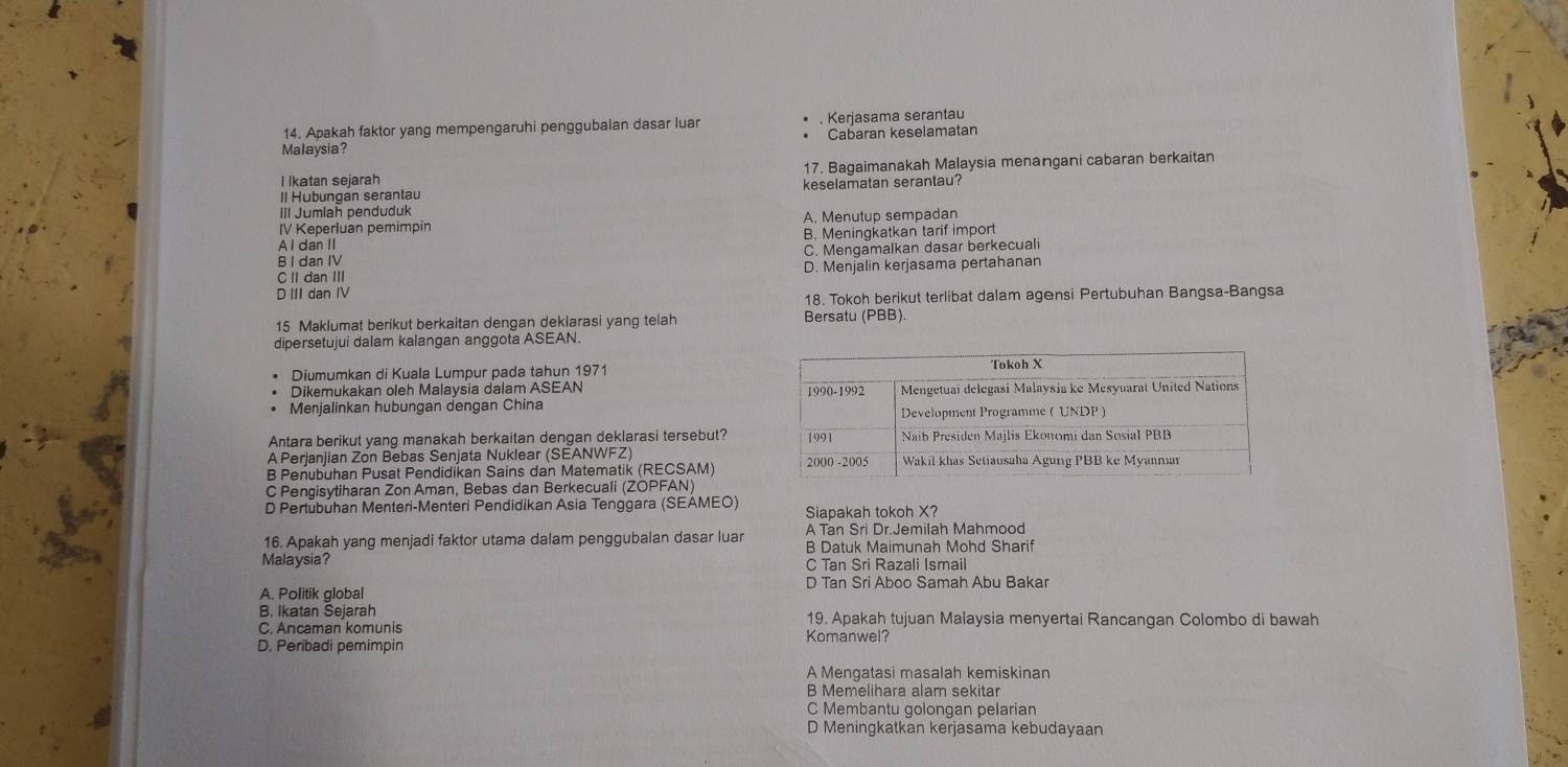 Apakah faktor yang mempengaruhi penggubalan dasar luar  Kerjasama serantau
Çabaran keselamatan
Malaysia?
I lkatan sejarah 17. Bagaimanakah Malaysia menangani cabaran berkaitan
II Hubungan serantau keselamatan serantau?
III Jumlah penduduk
IV Keperluan pemimpin A. Menutup sempadan
A l dan II B. Meningkatkan tarif import
B I dan IV C. Mengamalkan dasar berkecuali
CII dan III D. Menjalin kerjasama pertahanan
D III dan IV
18. Tokoh berikut terlibat dalam agensi Pertubuhan Bangsa-Bangsa
15 Maklumat berikut berkaitan dengan deklarasi yang telah Bersatu (PBB).
dipersetujui dalam kalangan anggota ASEAN.
Diumumkan di Kuala Lumpur pada tahun 1971
Dikemukakan oleh Malaysia dalam ASEAN 
• Menjalinkan hubungan dengan China
Antara berikut yang manakah berkaitan dengan deklarasi tersebut?
A Perjanjian Zon Bebas Senjata Nuklear (SEANWFZ)
B Penubuhan Pusat Pendidikan Sains dan Matematik (RECSAM)
C Pengisytiharan Zon Aman, Bebas dan Berkecuali (ZOPFAN)
D Pertubuhan Menteri-Menteri Pendidikan Asia Tenggara (SEAMEO) Siapakah tokoh X?
A Tan Sri Dr.Jemilah Mahmood
16. Apakah yang menjadi faktor utama dalam penggubalan dasar luar B Datuk Maimunah Mohd Sharif
Malaysia? C Tan Sri Razali Ismail
A. Politik global D Tan Sri Aboo Samah Abu Bakar
B. Ikatan Sejarah 19. Apakah tujuan Malaysia menyertai Rancangan Colombo di bawah
C. Ancaman komunis Komanwel?
D. Peribadi pemimpin
A Mengatasi masalah kemiskinan
B Memelihara alam sekitar
C Membantu golongan pelarian
D Meningkatkan kerjasama kebudayaan