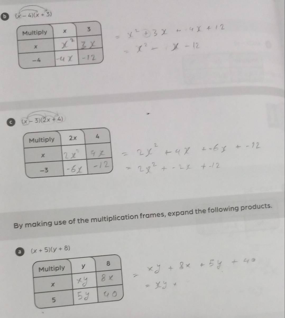 (x-4)(x+3)
a (x-3)(2x+4)
By making use of the multiplication frames, expand the following products.
a (x+5)(y+8)