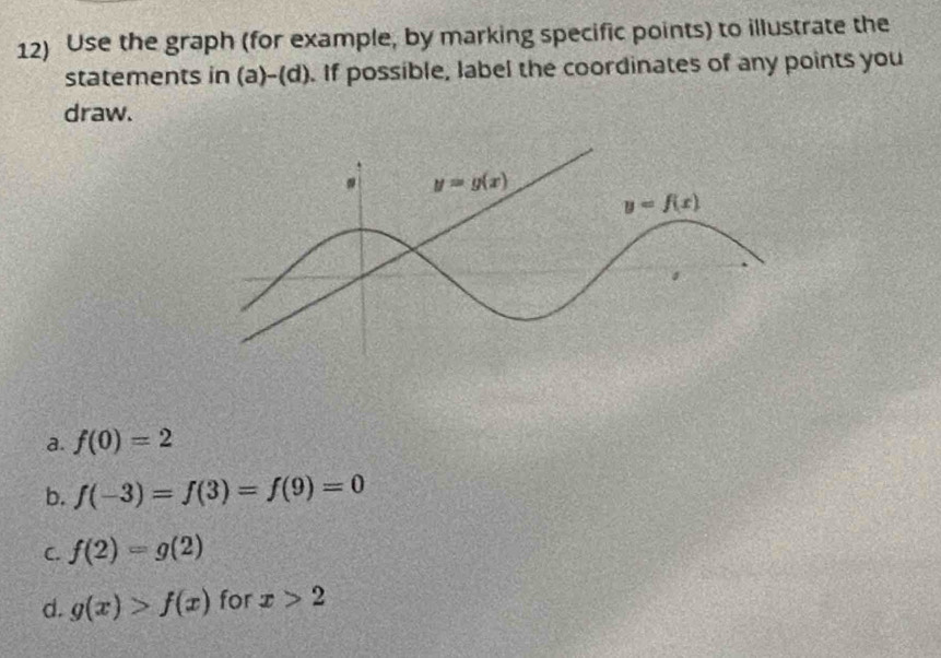 Use the graph (for example, by marking specific points) to illustrate the
statements in (a)-(d). If possible, label the coordinates of any points you
draw.
a. f(0)=2
b. f(-3)=f(3)=f(9)=0
C. f(2)=g(2)
d. g(x)>f(x) for x>2