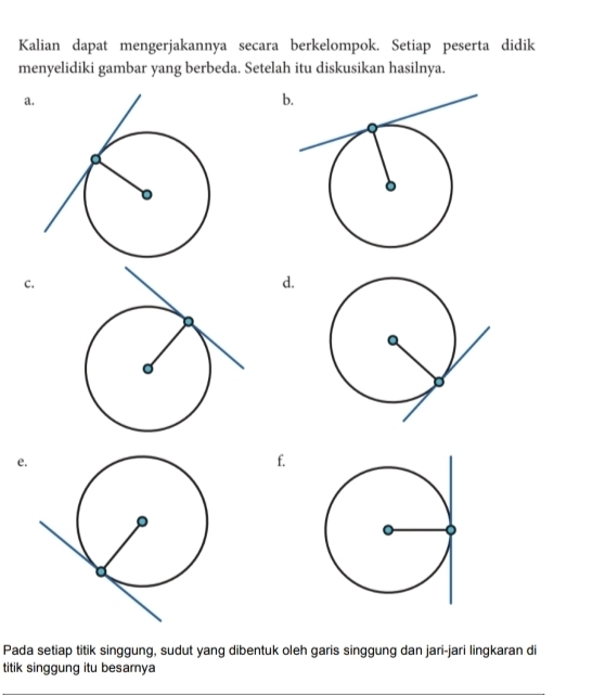 Kalian dapat mengerjakannya secara berkelompok. Setiap peserta didik 
menyelidiki gambar yang berbeda. Setelah itu diskusikan hasilnya. 
a. 
b 
C. 
d. 
e. 
f. 
Pada setiap titik singgung, sudut yang dibentuk oleh garis singgung dan jari-jari lingkaran di 
titik singgung itu besamya