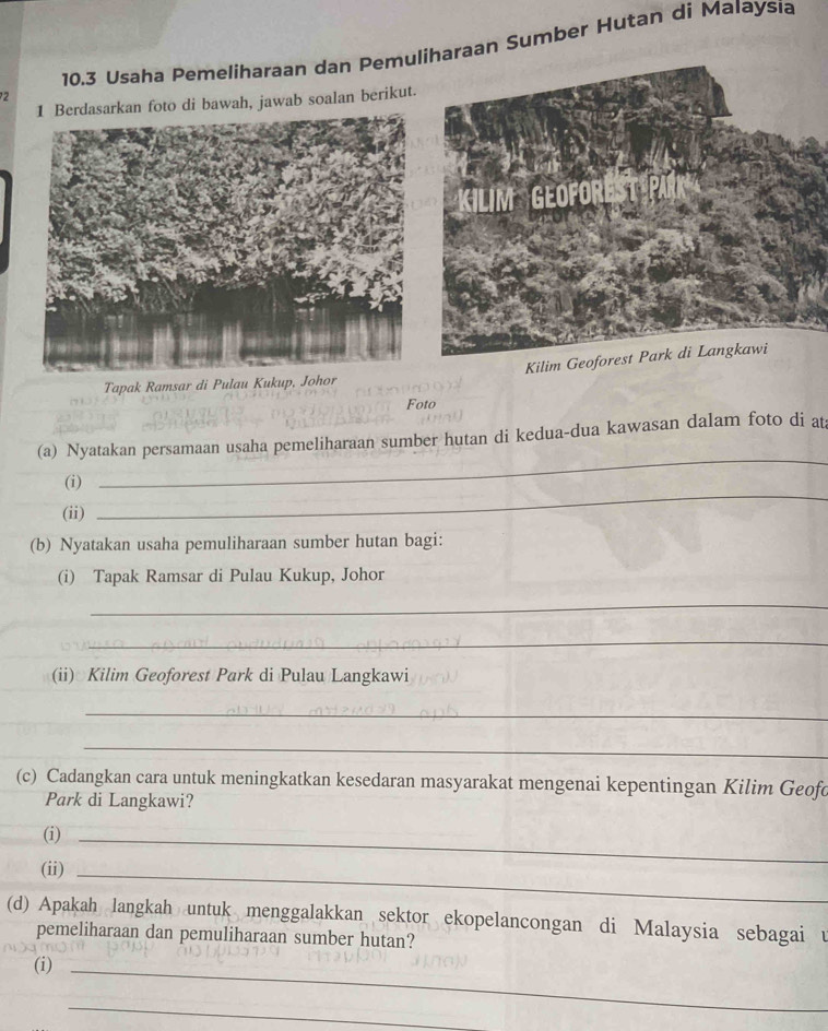 2 10.3 Usaha Pemeliharaan dan Pemuaraan Sumber Hutan di Malaysia 
rdasarkan foto di bawah, jawab soalan berikut. 
Kilim Geoforest Park di Langkawi 
Tapak Ramsar di Pulau Kukup, Johor 
Foto 
_ 
(a) Nyatakan persamaan usaha pemeliharaan sumber hutan di kedua-dua kawasan dalam foto di at 
(i) 
(ii) 
_ 
(b) Nyatakan usaha pemuliharaan sumber hutan bagi: 
(i) Tapak Ramsar di Pulau Kukup, Johor 
_ 
_ 
(ii) Kilim Geoforest Park di Pulau Langkawi 
_ 
_ 
(c) Cadangkan cara untuk meningkatkan kesedaran masyarakat mengenai kepentingan Kilim Geofo 
Park di Langkawi? 
(i)_ 
(ii)_ 
(d) Apakah langkah untuk menggalakkan sektor ekopelancongan di Malaysia sebagai u 
pemeliharaan dan pemuliharaan sumber hutan? 
(i)_ 
_