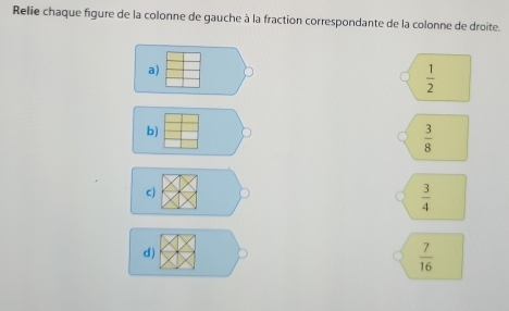 Relie chaque figure de la colonne de gauche à la fraction correspondante de la colonne de droite.
a)
 1/2 
b)
 3/8 
c)
 3/4 
d)
 7/16 