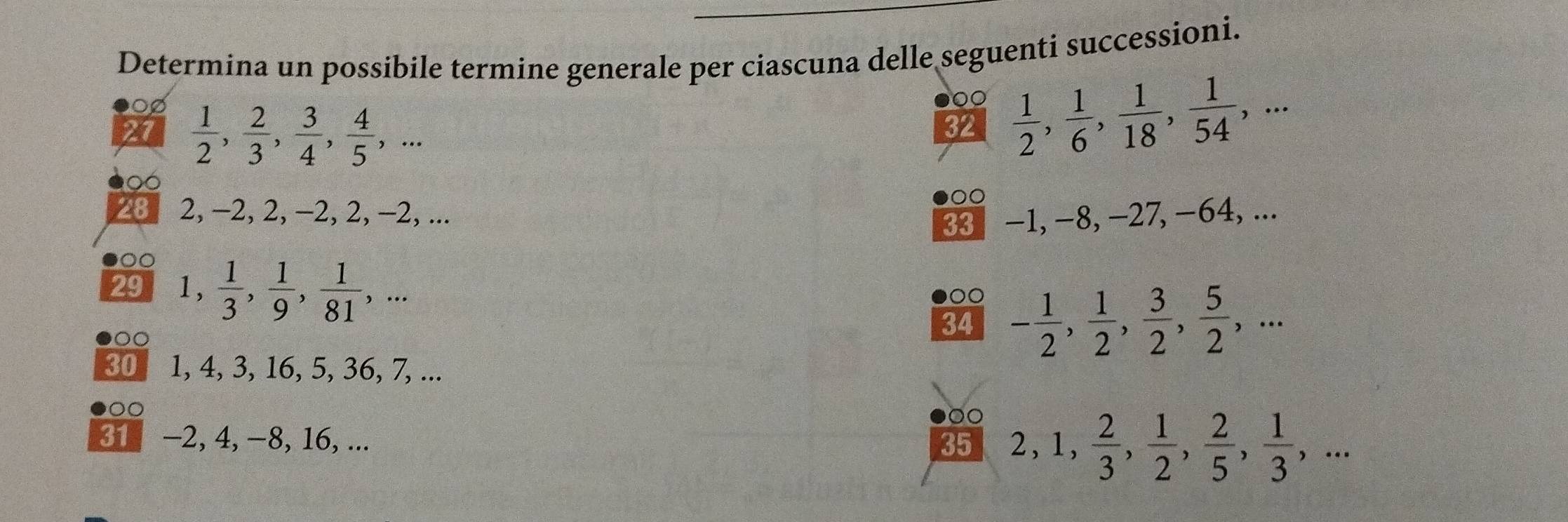 Determina un possibile termine generale per ciascuna delle seguenti successioni. 
00 
27  1/2 ,  2/3 ,  3/4 ,  4/5 ,... 
32  1/2 ,  1/6 ,  1/18 ,  1/54 ,... 
00 
28 2, −2, 2, −2, 2, −2, ... 
33 -1, -8, -27, -64, ... 
00 
29 1,  1/3 ,  1/9 ,  1/81 ,... 
00 
00 
34 - 1/2 ,  1/2 ,  3/2 ,  5/2 ,... 
30 1, 4, 3, 16, 5, 36, 7, ... 
00
−2, 4, −8, 16, ... 35 2, 1,  2/3 ,  1/2 ,  2/5 ,  1/3 ,...