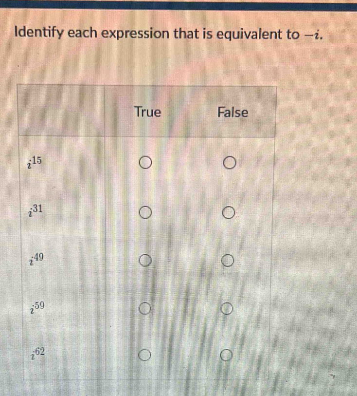 Identify each expression that is equivalent to −i.