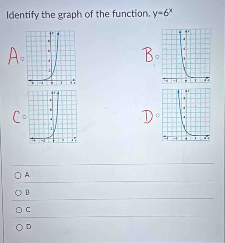 Identify the graph of the function. y=6^x
A
B
C
D