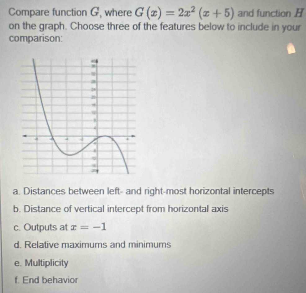 Compare function G, where G(x)=2x^2(x+5) and function H
on the graph. Choose three of the features below to include in your
comparison:
a. Distances between left- and right-most horizontal intercepts
b. Distance of vertical intercept from horizontal axis
c. Outputs at x=-1
d. Relative maximums and minimums
e. Multiplicity
f. End behavior