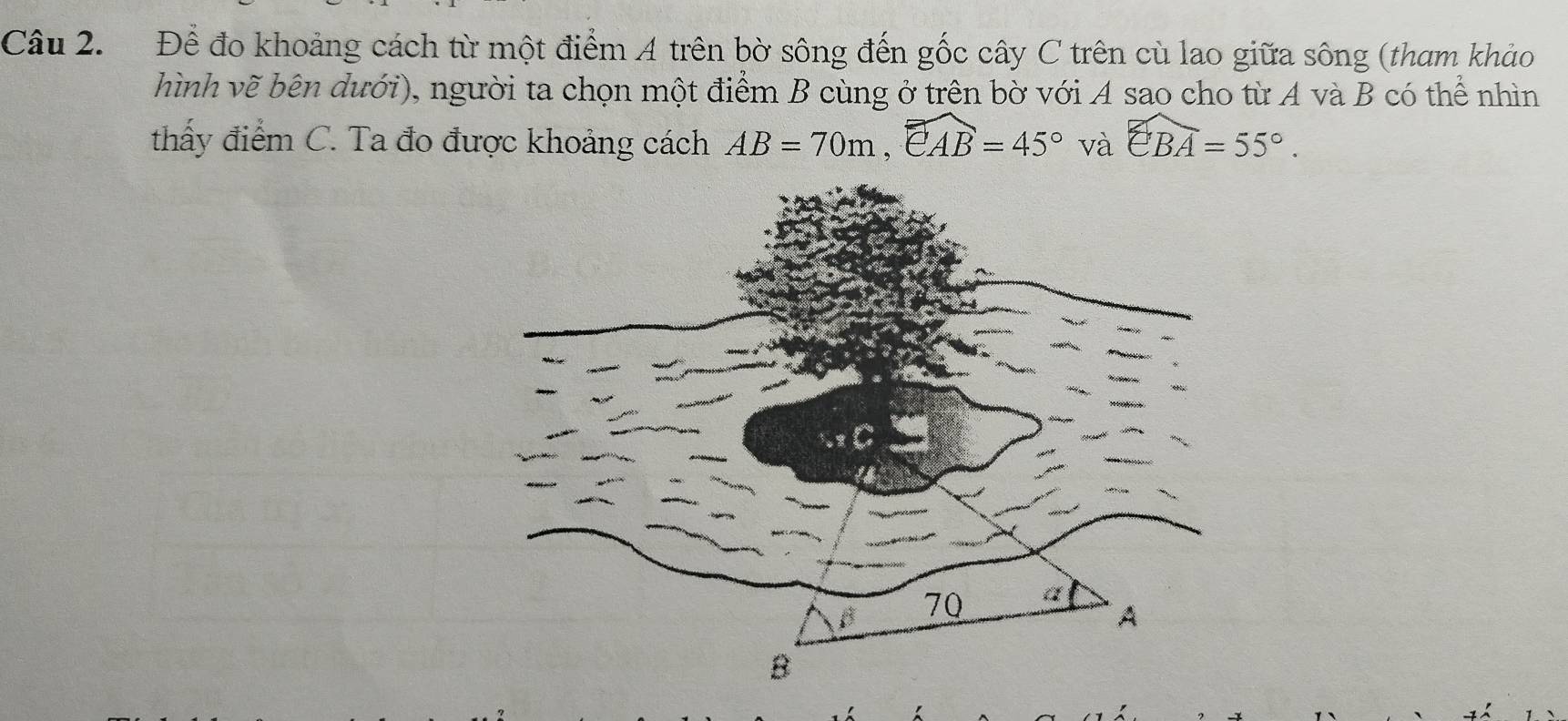 Để đo khoảng cách từ một điểm A trên bờ sông đến gốc cây C trên cù lao giữa sông (tham khảo 
hình vẽ bên dưới), người ta chọn một điểm B cùng ở trên bờ với A sao cho từ A và B có thể nhìn 
thấy điểm C. Ta đo được khoảng cách AB=70m, widehat eAB=45° và widehat EBA=55°.