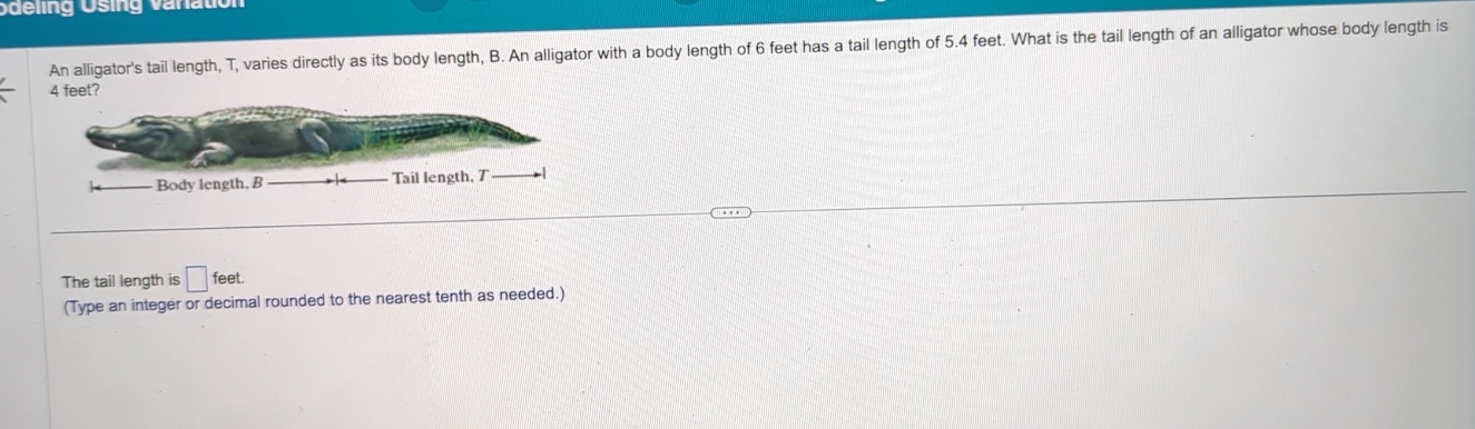 Odeling Using vanation 
An alligator's tail length, T, varies directly as its body length, B. An alligator with a body length of 6 feet has a tail length of 5.4 feet. What is the tail length of an alligator whose body length is 
The tail length is □ feet. 
(Type an integer or decimal rounded to the nearest tenth as needed.)